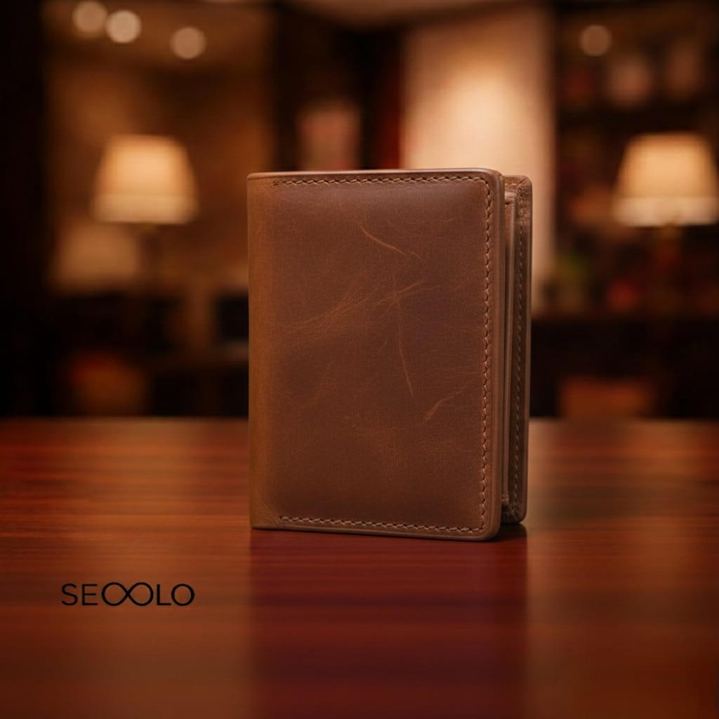 Handmade Vertical Vintage Leather Wallet - Cognac Artisan Edition | SECOLO
