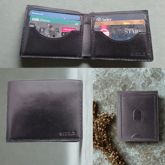 A luxury Handmade Horizontal Vintage Leather Wallet by SECOLO in cognac, featuring a traditional bifold design and handcrafted edge stitching.