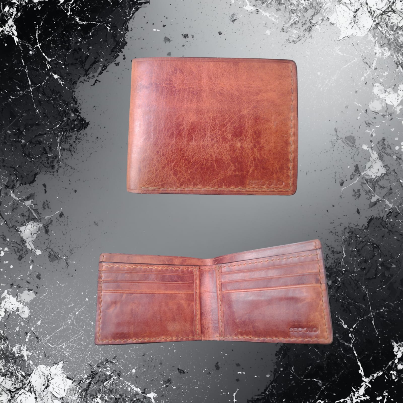 Classic horizontal Handmade Genuine Leather Wallet in tan by SECOLO, showing both the textured exterior and organized interior card slots.