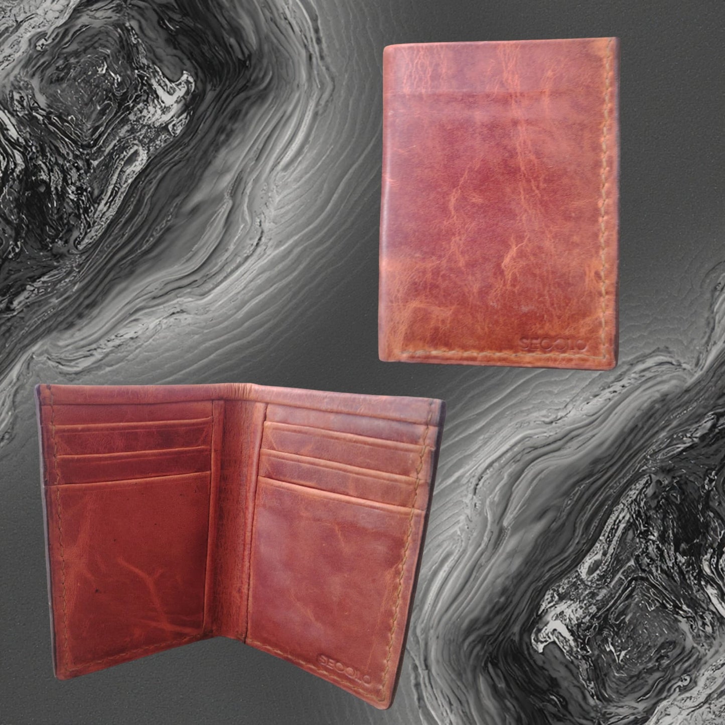 A luxury Handmade Vertical Vintage Leather Wallet by SECOLO in cognac tan, showing the slim upright profile and handcrafted interior card slots.