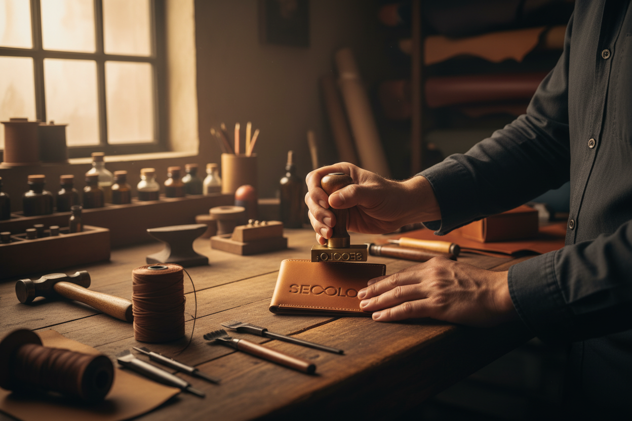 "A high-end, cinematic wide shot of a luxury leather workshop. In the center, a premium handcrafted leather wallet being stamped with a logo. The lighting is warm and moody, highlighting the natural grain of the leather. Surround the scene with artisan tools like a hammer and thread. Use the brand logo from my website for the stamp on the product. The vibe should be: Timeless, Elegant, and Authentic."